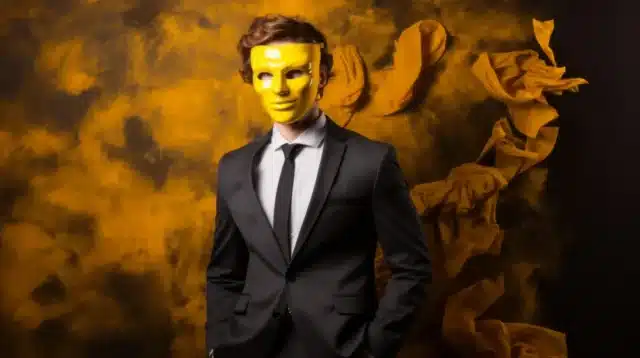 رجل يرتدي قناعًا ببدلة أنيقة أمام خلفية ذهبية بتصميم تجريدي